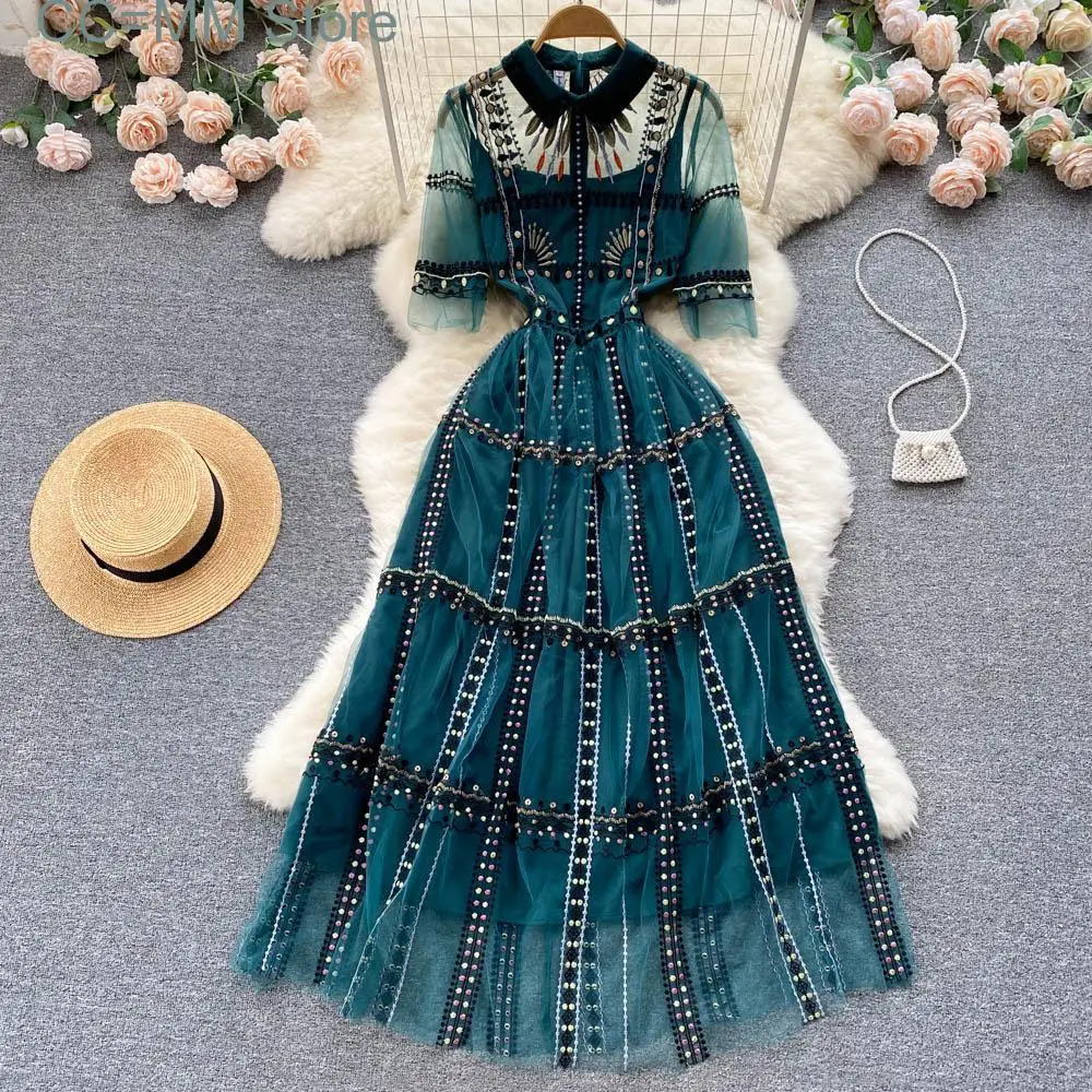 

New Women's Temperament Mesh Embroidered High Waist Closed Long Vestido Dress Sweet Korea Chic Girl's Spring Summer