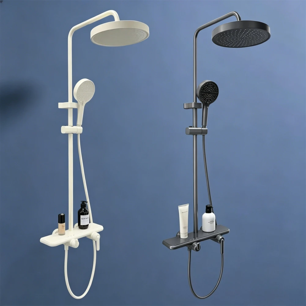 Grey/Cream Showers System Set Wall Mounted Shower Mixer Crane with Hand Shower Set 3-Ways Rainlfall Bathroom Shower Faucet Set