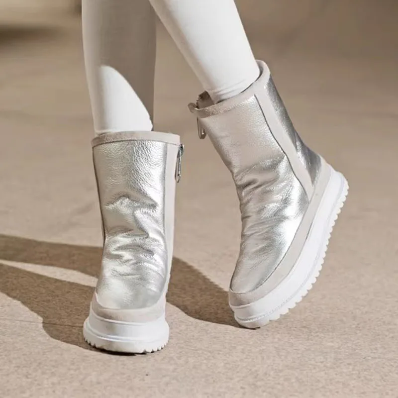 الفضة جلد البقر الفراء قطعة واحدة أحذية الثلوج الدافئة الصوف الفراء كعكة منصة سميكة وحيد جولة تو المرأة أزياء الشتاء الجوارب