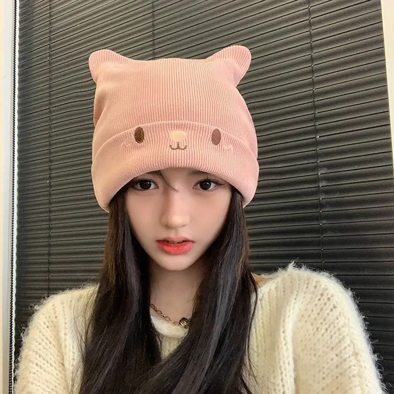 

Cute Embroidered Stretch Beanie Women's Cartoon Face Revealing Small Knitted Winter Warm Windproof Hip-hop Curly Confinement Hat