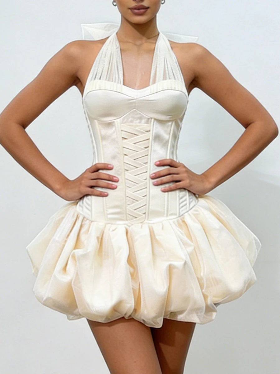 VGH Sweet Sexy Slimming Mini Dresses For Women Square Collar Sleeveless High Waist Lace Up Design Sense Solid Dress Female New