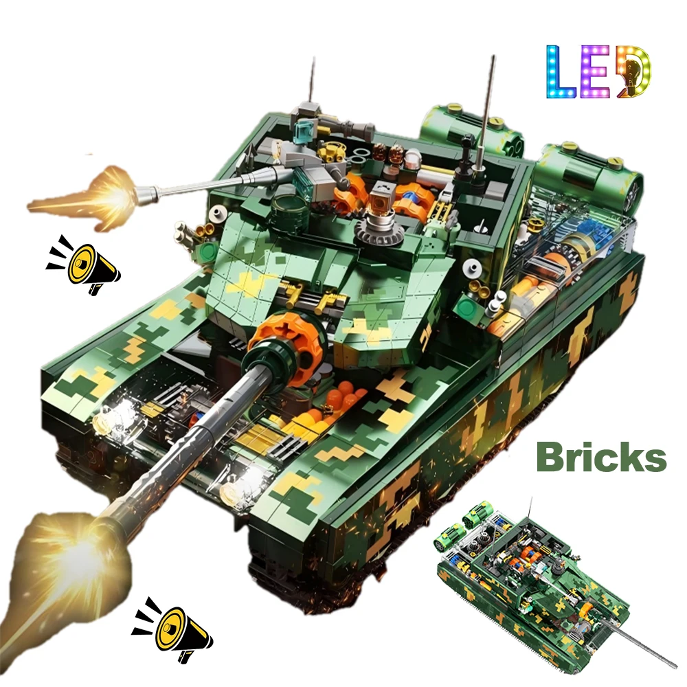 MOC Technical Military Affairs Tank Building Block LED Lighting Cannon Sound Famous Generations Tank Bricks Kids Toys Gifts