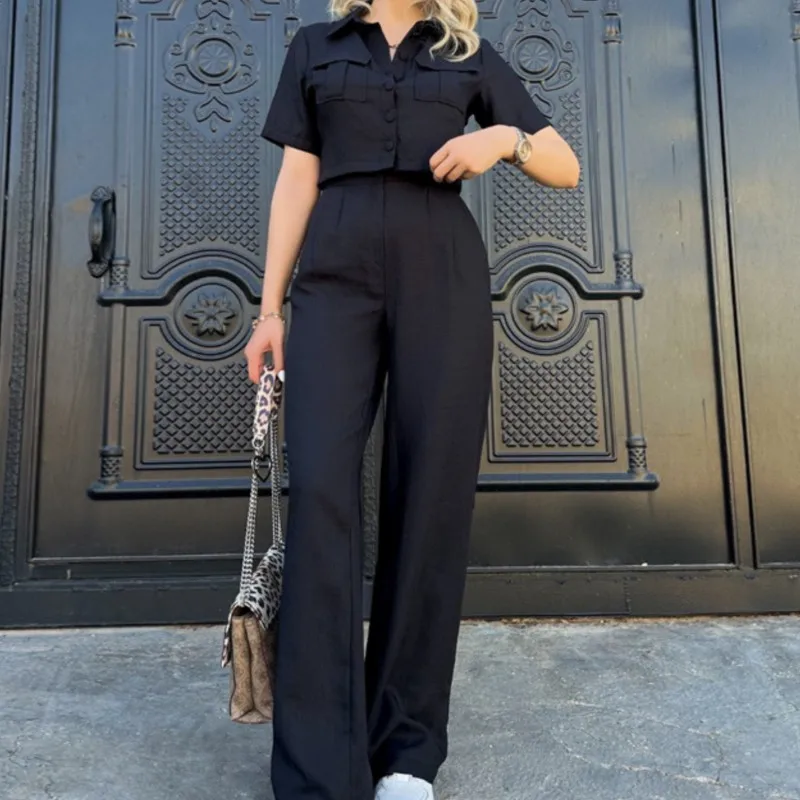 New Commuter Casual Women\'s Set Polo Collar Pocket Short Sleeve Crop Shirt Wide Leg Pants Minimalist Style Two Piece Sets