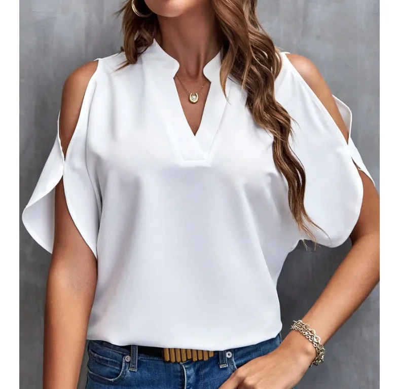

Pop Large Size New Summer And Autumn Women's Blouse Shirt Fashionable V-neck Solid Tops Short Sleeved Women's Clothing