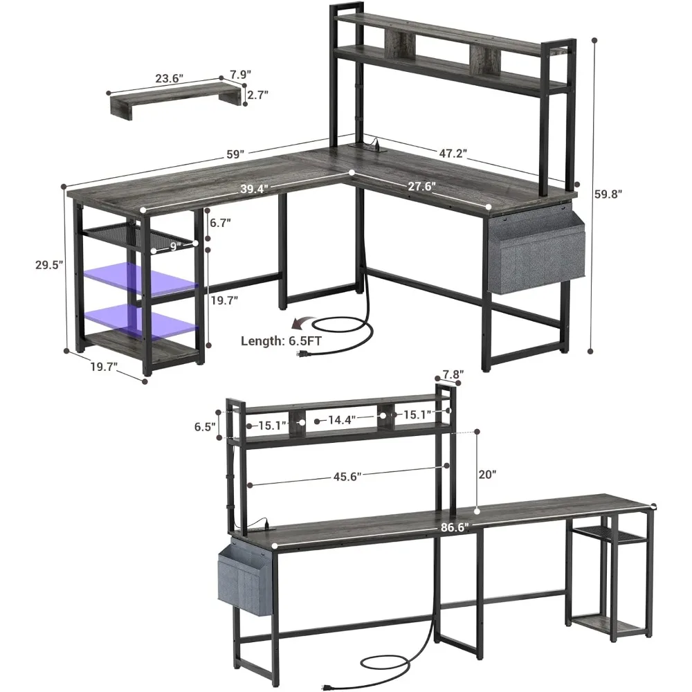 L Shaped Desk with Power Outlet & LED Strip, Reversible L-Shaped Corner Computer Desks Gaming Desk with Storage Shelf