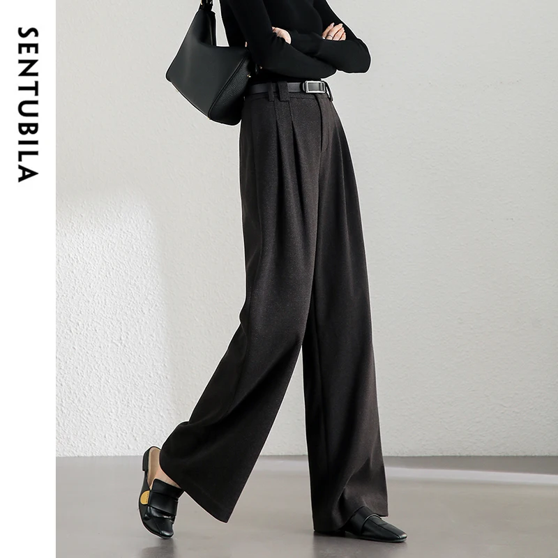 SENTUBILA Casual Loose Knit Pants Women 2024 Winter Cozy Folds Straight-leg Pants High-waist Work Business Trouser 144k56333