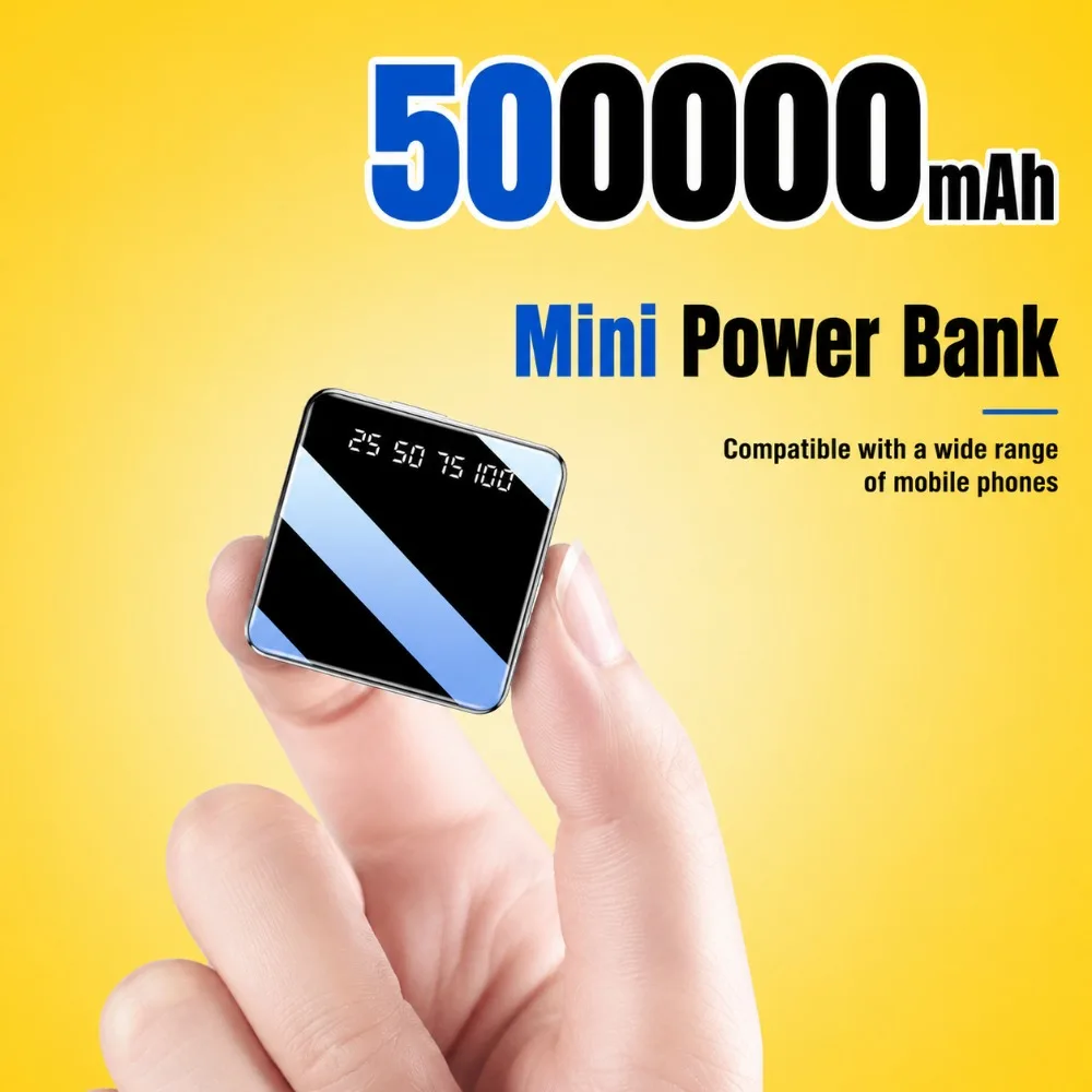 2027 New Mini 500000mAh Power Bank Portable Charger Mirror Screen LED Digital Powerbank External Battery for IPhone Huawei
