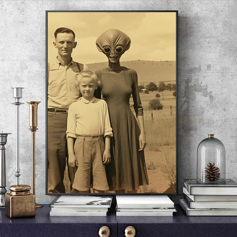 Vintage UFO Alien Family Photograph Werewolf  Horror Posters and Prints Canvas Printing Wall Art Picture for Living Room Decor