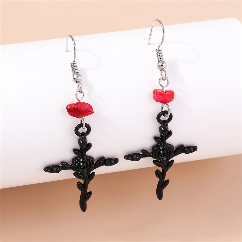 Women's Gothic Black Cross Drop Earrings, Dangle Hook Design