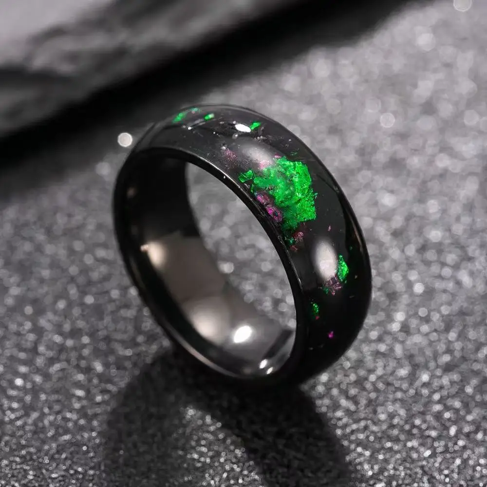 8MM Vintage Colorful Women Men Stainless Steel Ring Abalone Shell Wedding Band Double Bevel Polished Steel Ring Accessories
