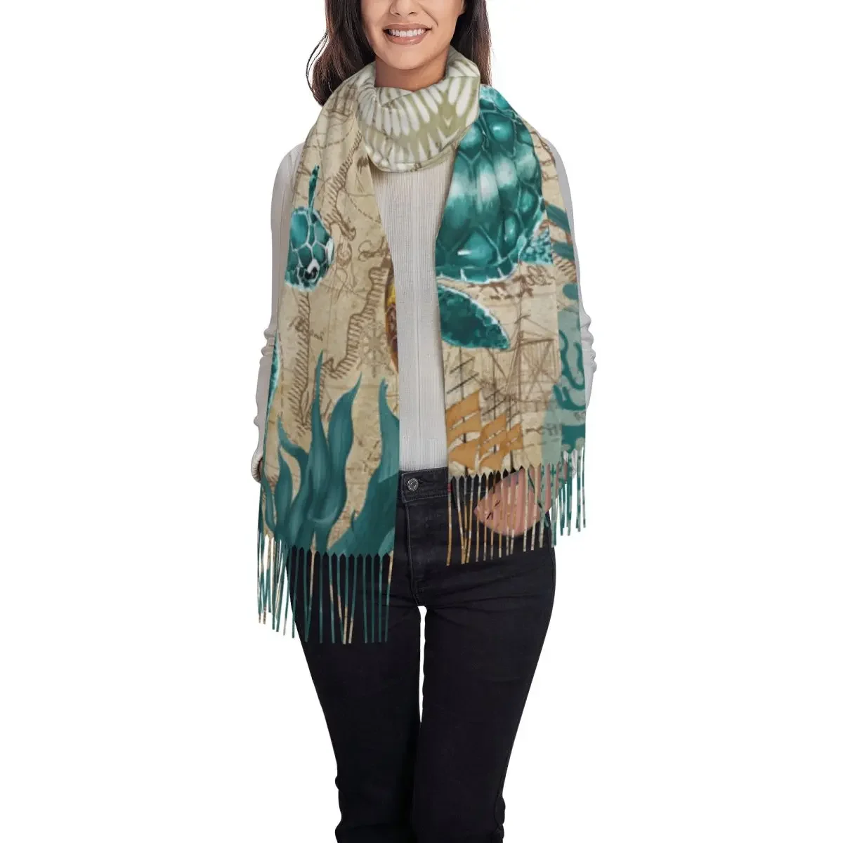 Custom Printed Ocean Sea Turtle Scarf Women Men Winter Warm Scarves Shawl Wrap