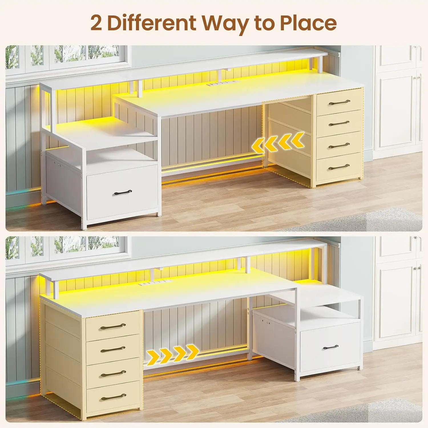 Computer Desk with 5 Drawer, Power Outlet, Led Lights, White | 66'' Home Office Desk with File Drawer, Storage,, Customized