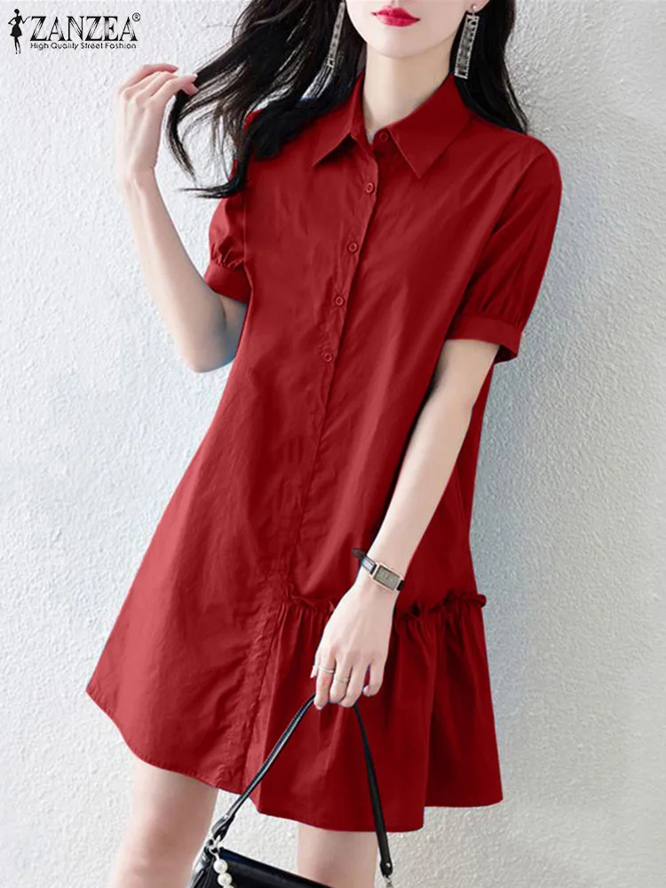 Fashion Summer Lapel Neck Short Sleeve Shirt Dress ZANZEA Office Women Sundress Elegant Solid Work Party Vestidos Female Robe