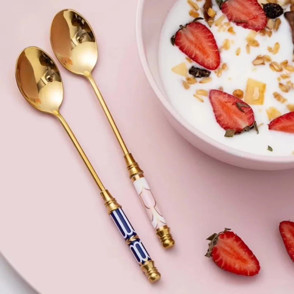 Ceramic Handle English Afternoon Tea Spoon Fork Gold-plated Stainless Steel Cake Spoon Fork Anti-scalding Rust-proof Fruit Forks