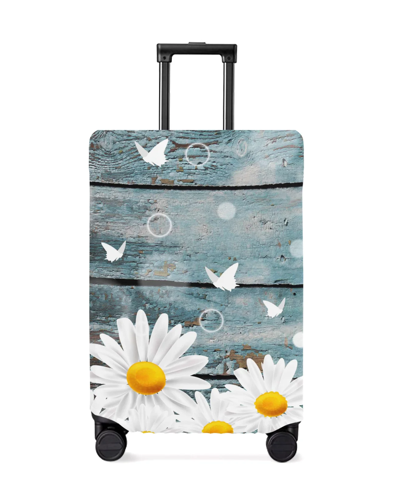 White Daisy Butterfly Wood Grain Travel Luggage Cover Elastic Baggage Cover Suitcase Case Dust Cover Travel Accessories