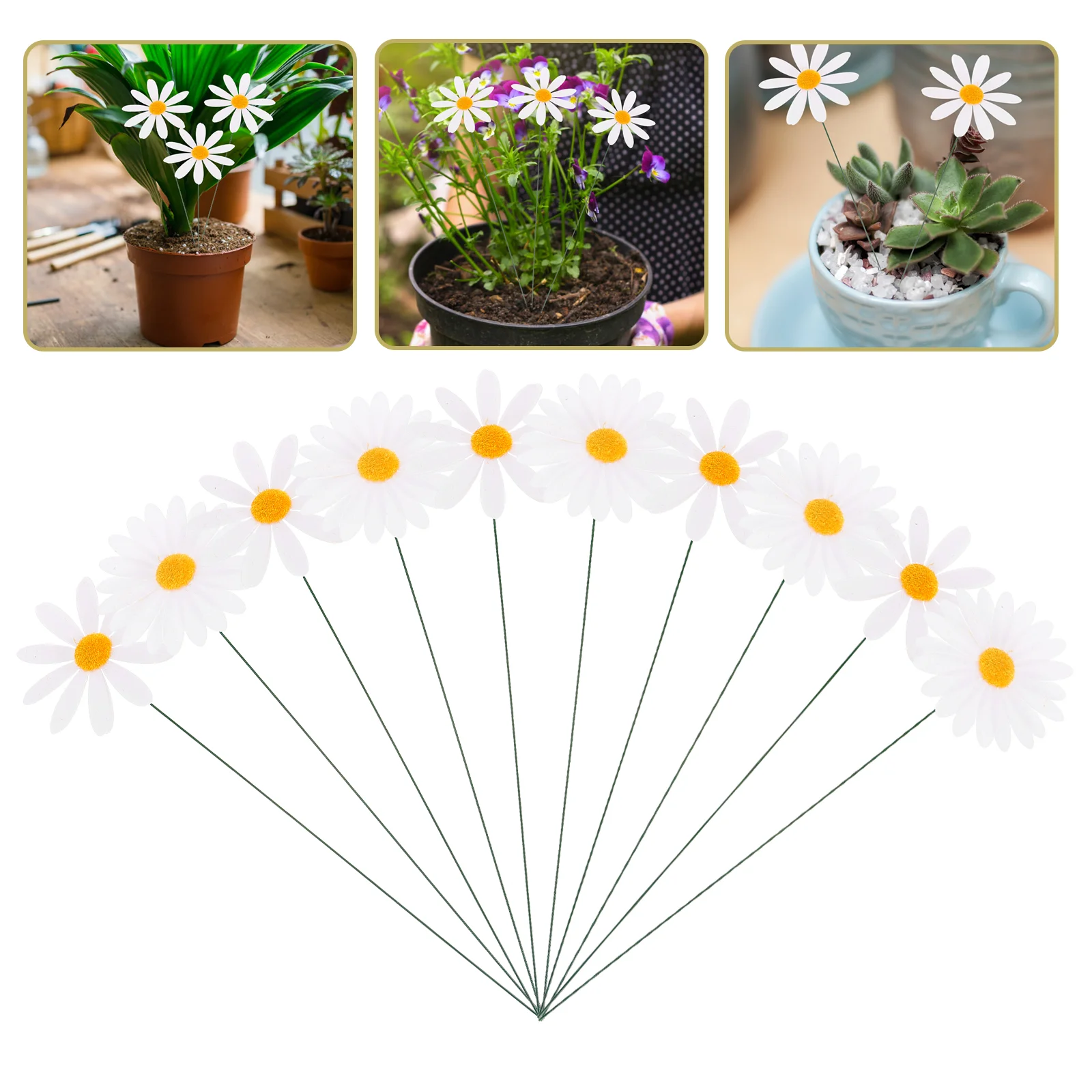 10 pçs decorações de pátio de jardim pvc simulado margarida flor haste 10 pçs estaca mini estacas decorativas