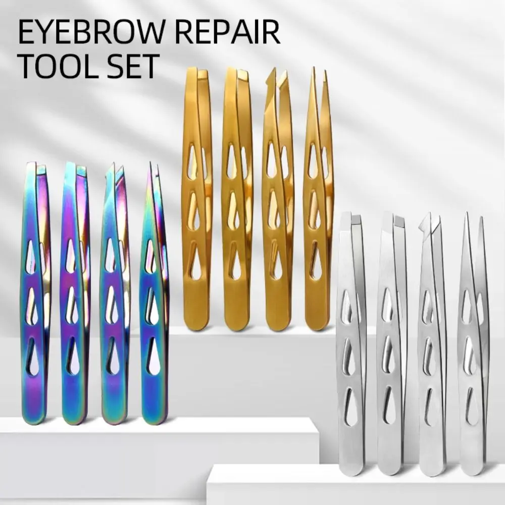 Pincettes à sourcils en acier inoxydable, pointe pointue, bouche Oblique, multifonctions et portables, 4 pièces/ensemble