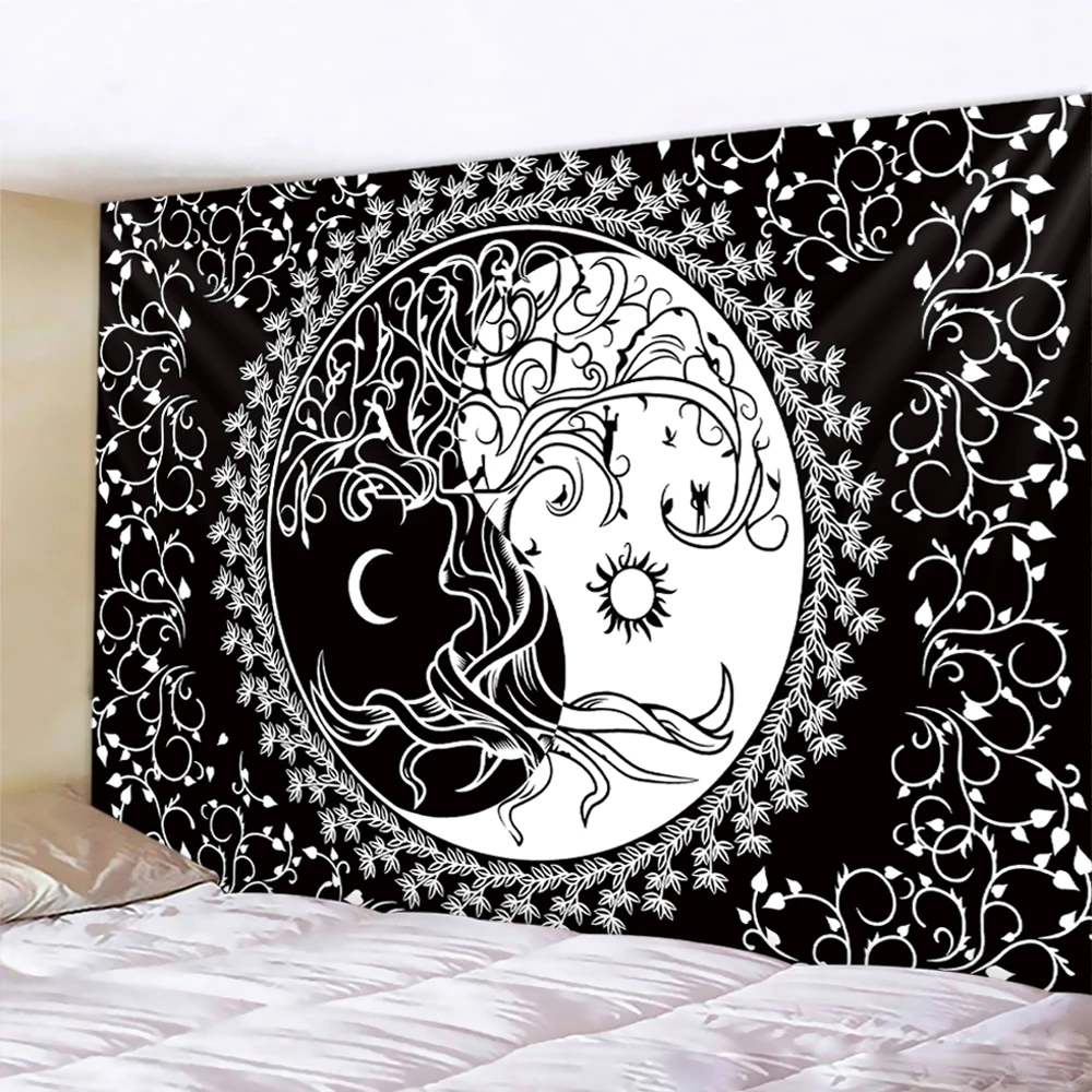 Black and White Moon Mandala Tapestry Bohemian Decor Wall Hanging Bedroom Psychedelic Scene Starlight Art Home