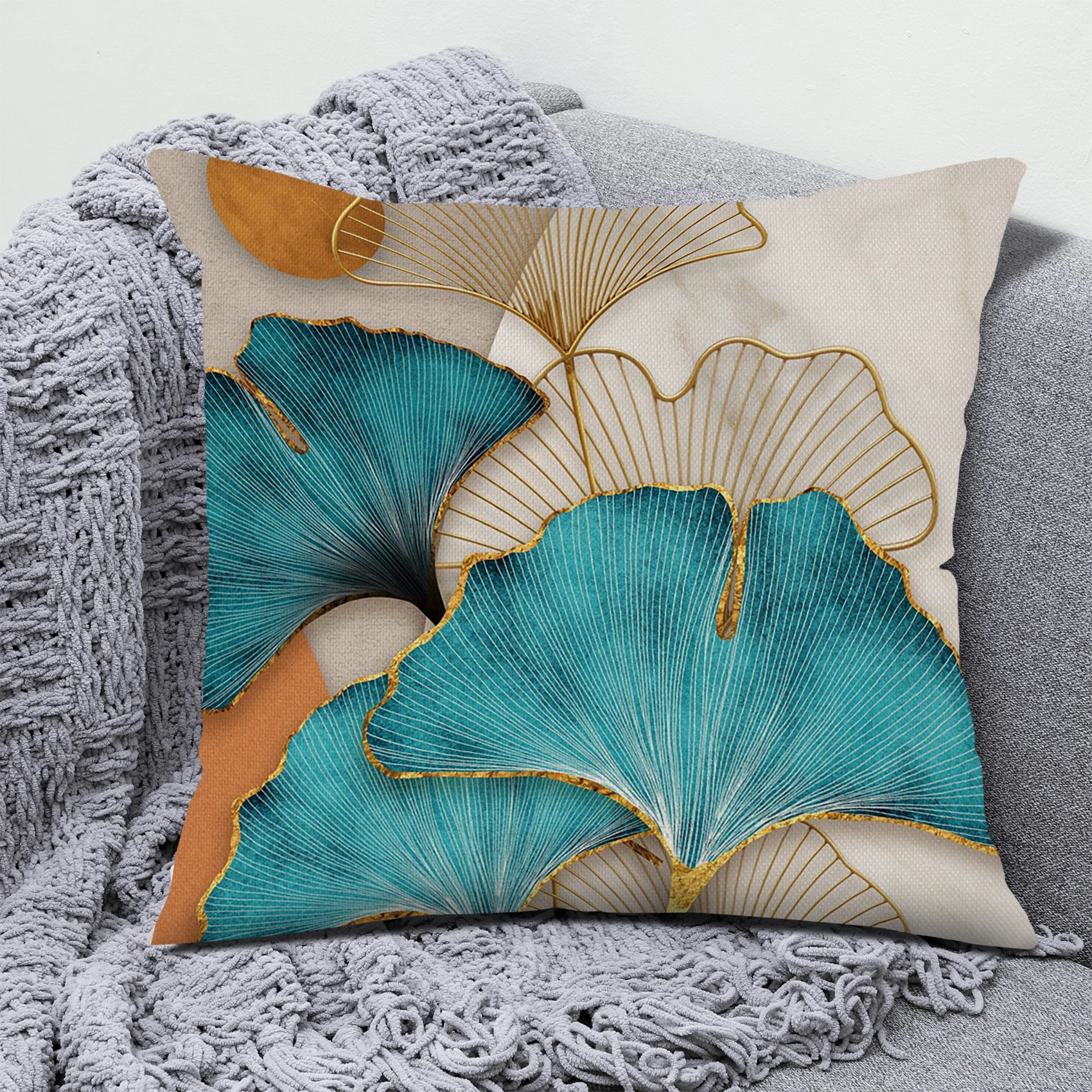 Decorative Throw Pillow Covers Green Gold Ginkgo Leaf Print Linen Cushion Covers Morden Couch Square Pillows Cases