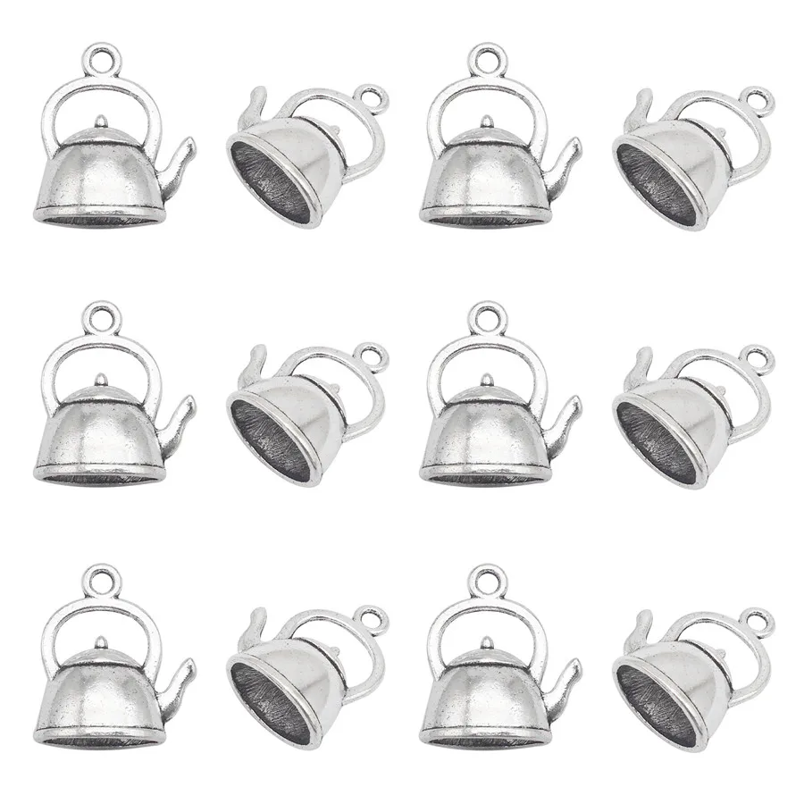 Julie Wang 12PCS Alloy Small Teapot Shape Charms Antique Silver Color Kettle Pendant Necklace Bracelet Jewelry Making Accessory