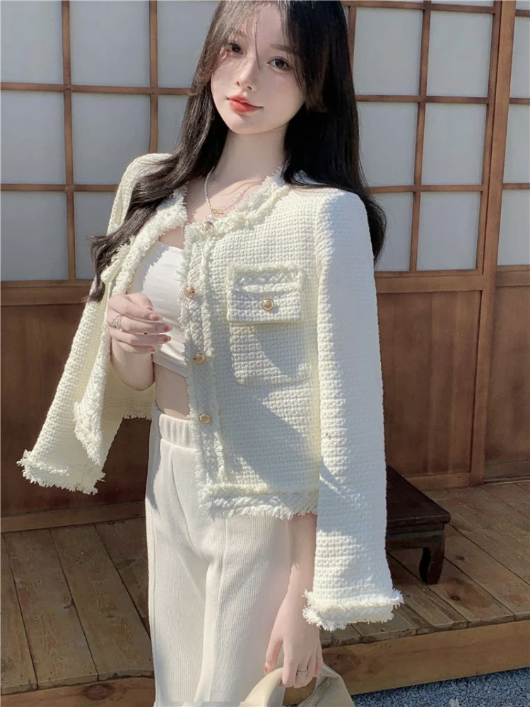 Women Tweed Jacket White Coat Korean Chic Streetwear Cropped Jacket Long Sleeve Office Ladies Clothing Single Breasted Tops