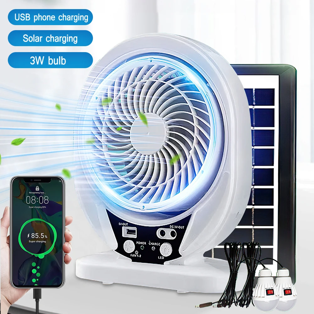 Solar Fan light Solar Powered AC DC Rechargeable Solar Fan with Solar Panel and LED Bulb light for Outdoor  LED Camping Lights