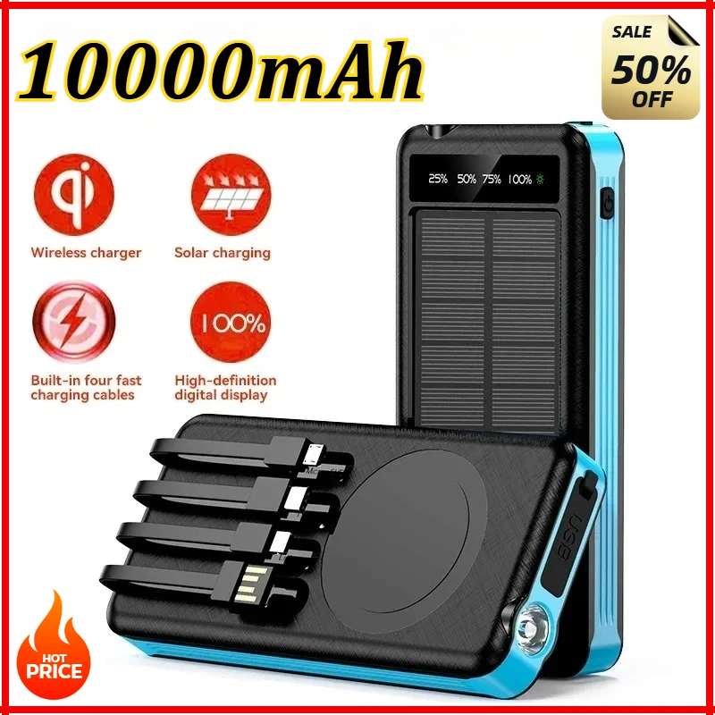 

For iPhone For Samsung For Xiaomi 10000mAh Solar Power Bank Wireless Fast Charging Battery Large Capacity Dual USB 4 Cables