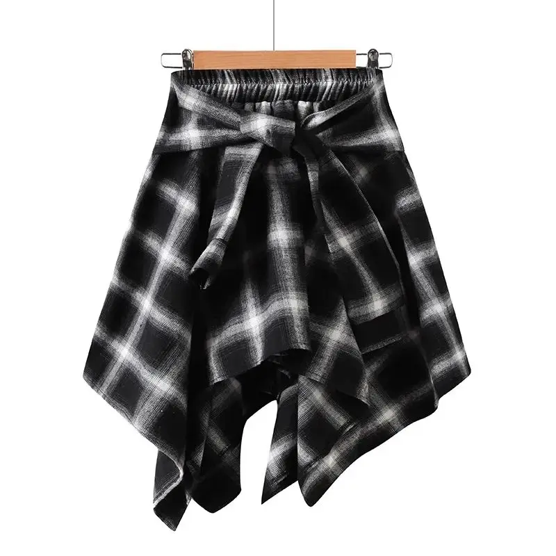 Summer Knot Skirts for Women Plaid Asymmetrical Hem High Waist Y2K Mini Short Black White Skirt Women Clothing