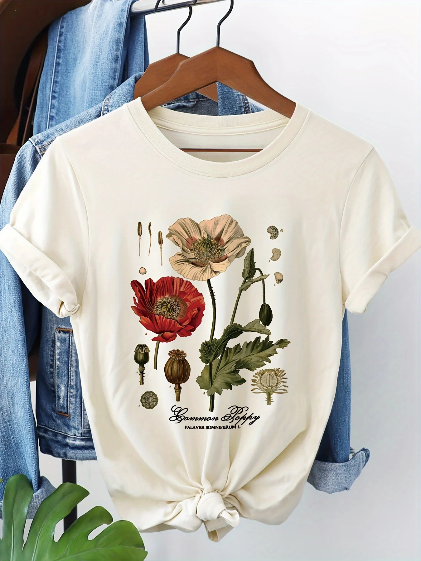 Round-Neck T-Shirt with Poppy Flower Print Summer Short Sleeved Harajuku Streetwear Tops Tees Aesthetic Clothe