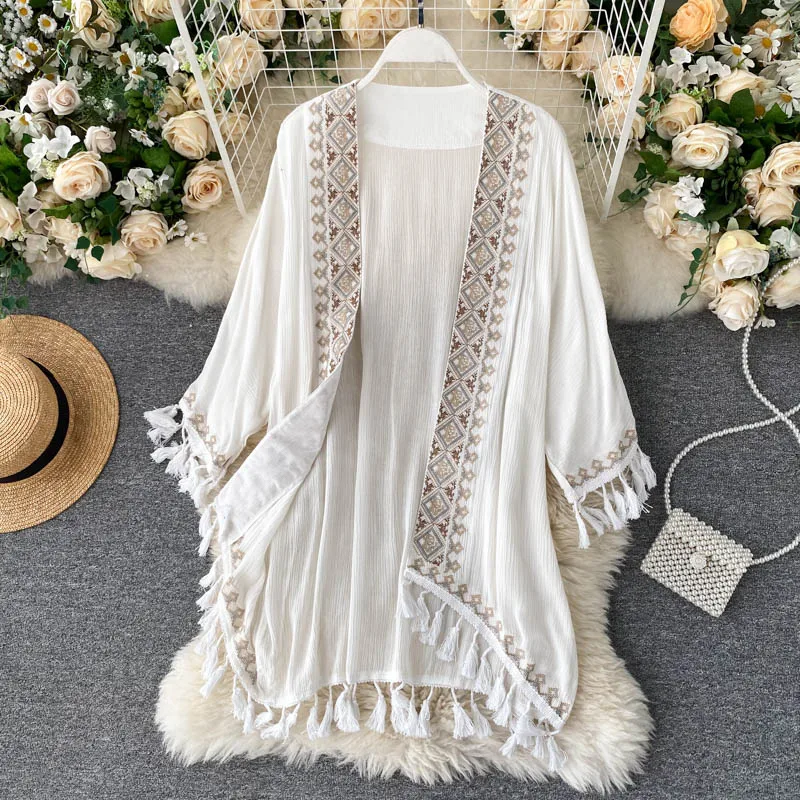 Women Sweet Embroidery Long Sleeve Cardigan Vintage Elegant Korean Fashion tassels Loose Sweater Coat Ins