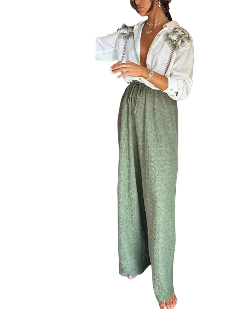 

Casual Women 2 Piece Set Loose Turn Down Collar Shirts Tops Fashion High Waist Wide Leg Pants Female Clothes Autumn Pants Sets