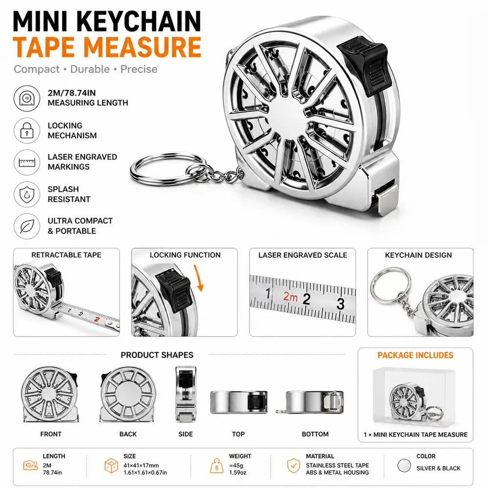 2M Keychain Tape Measure Laser Engraved Markings Waterproof Mini Tape Measure Locking Mechanism Electroplated Metal