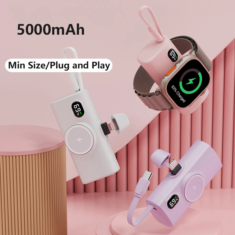 

Mini Power Bank 5000mAh with USB C Cable Plug for iPhone 16 15 Xiaomi Samsung Powerbank Magnetic Wireless Charger for iWatch 9 8