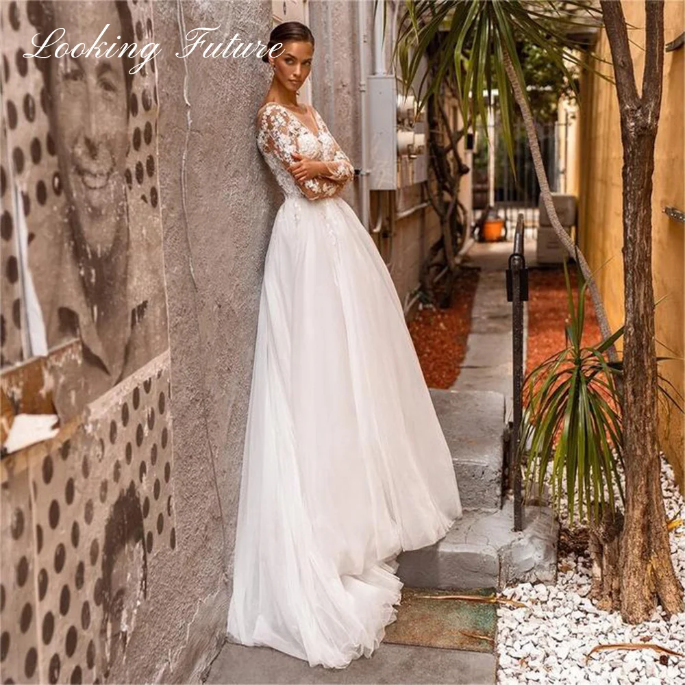 Robe de mariée élégante en tulle avec appliques en dentelle, ligne A, manches longues, col rond, Icidal, dos des patients, train de balayage, 2024