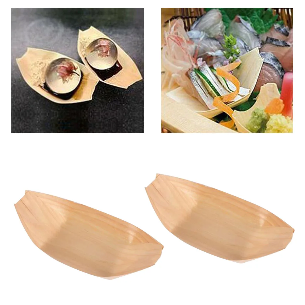 

100pcs Disposable Wooden Boat Shaped Trays for Sushi Snacks Food Serving Party Picnic BBQ Wedding Cute Creative Tray
