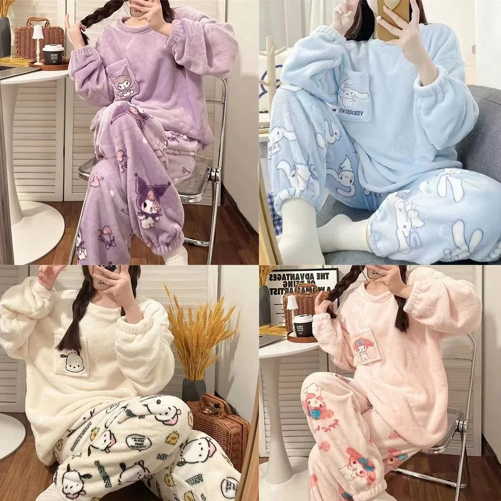 

Hot Sanrio Cartoon Japanese Hello Kitty Stuff Pajamas Female Flannel Winter The New Plus Thicken Velvet Sweet Keep Warm Pajamas