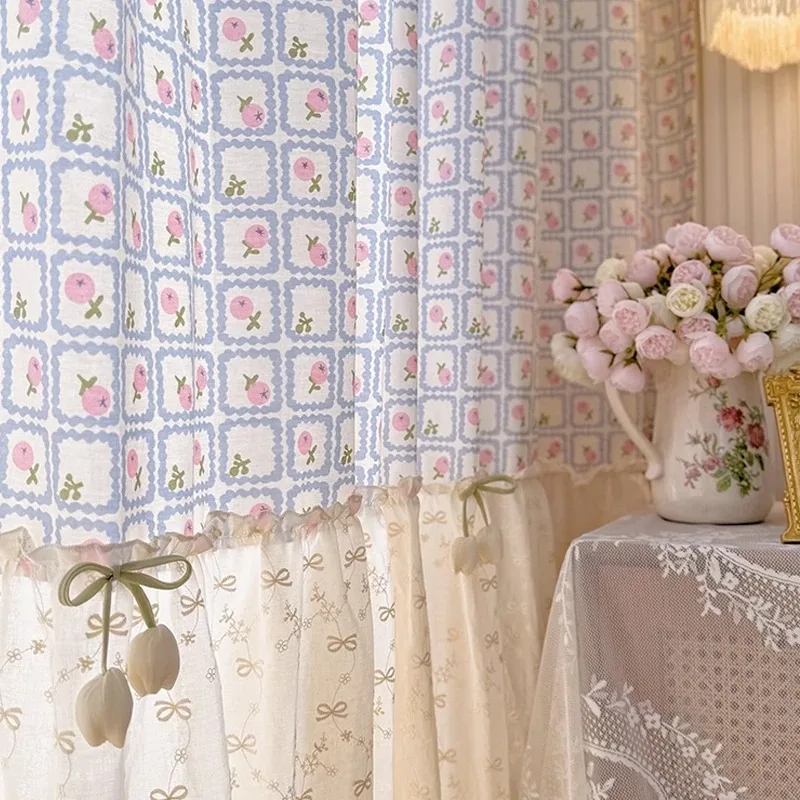 Young Girl French Garden Princess Style Floral Bow Skirt Splicing Window Screen Curtains for Living Room Bedroom French Window