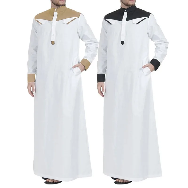 KIDWHXR 2026 Herren Jubba Thobe Kontrastfarben Stehkragen Muslimisches Gewand Komfortables Langarm-Langgewand für Männer – Detail 2