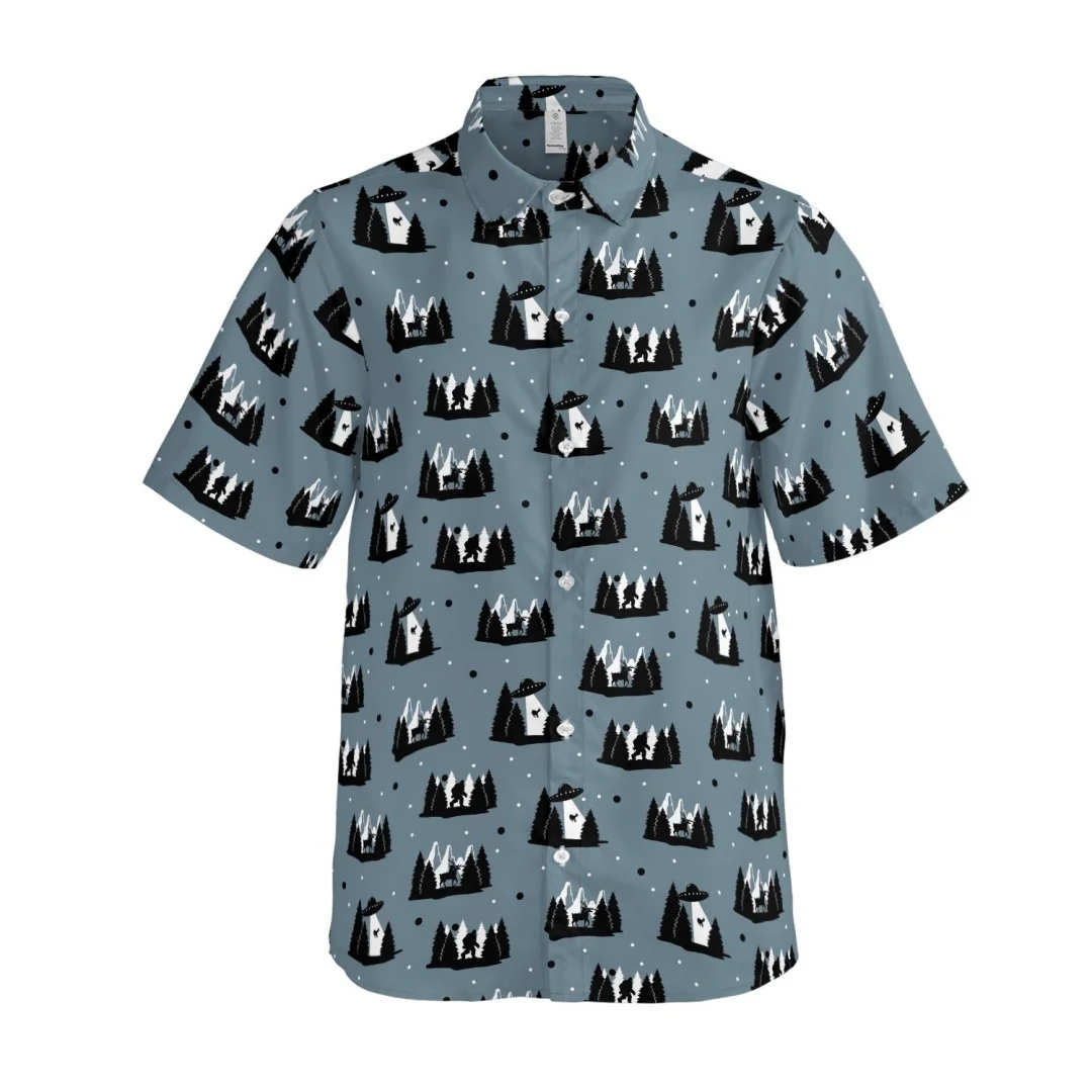 Bigfoot UFO Hawaiian Shirt Sasquatch Alien Button Up Funny Cryptid Pattern Summer Leisure Men's T-Shirt Clothing Tee Woman ﻿