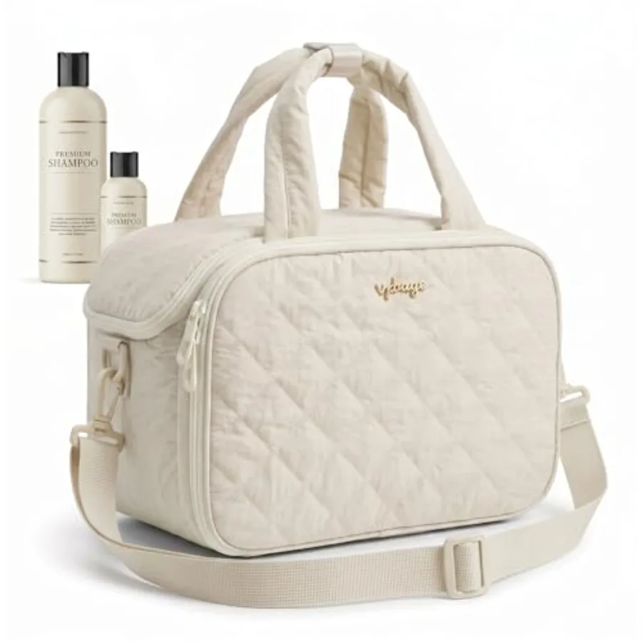 Large Quilted Toiletry Bag for Women, Puffy Travel Makeup Organizer with Removable Divider and Shoulder Strap, Waterproof Stand