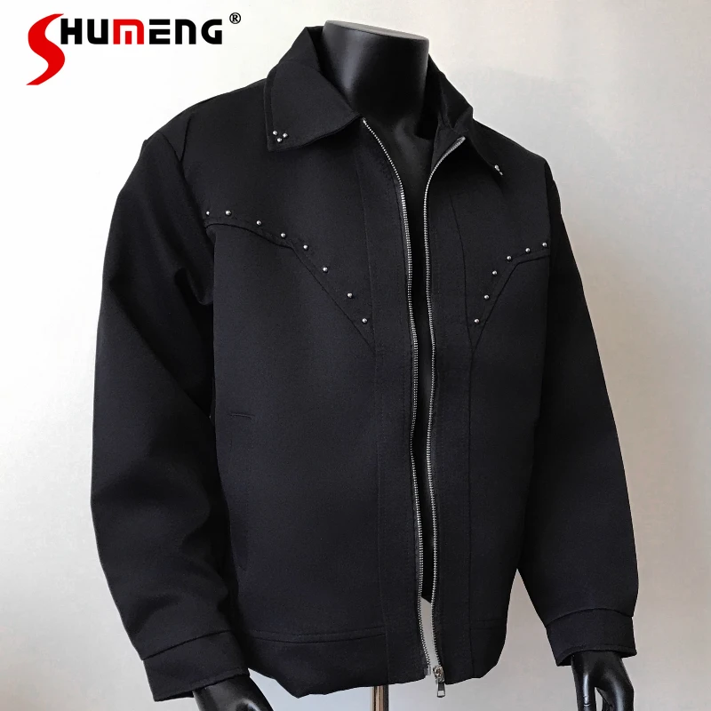 

Men's 2025 Autumn New Rivet Handsome Jackets Men's Fashion Unique Chic Coats Lapel Splicing Long Sleeve Solid Color Zipper Tops