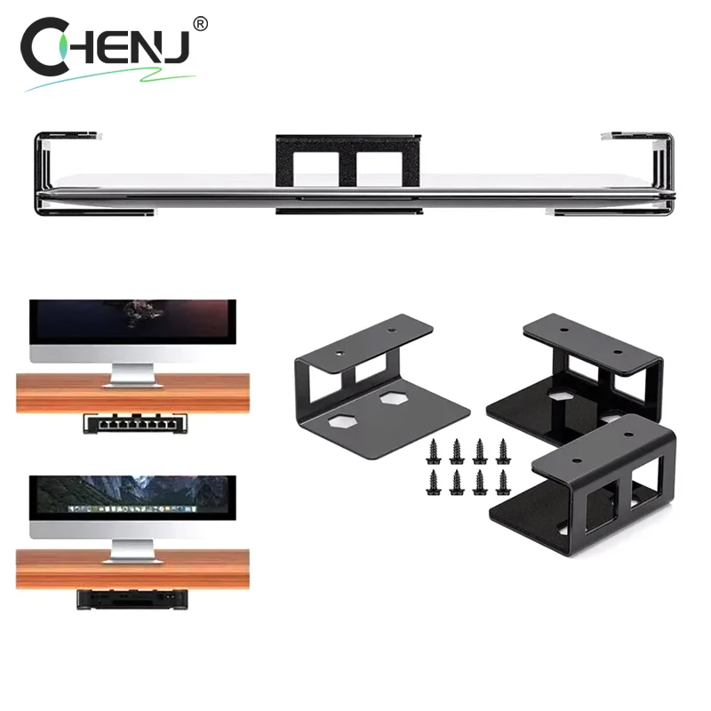 1set Black Under Desk Laptop Storage Bracket Metal Protective Tray Holder With Screw Laptop Mount Accessories