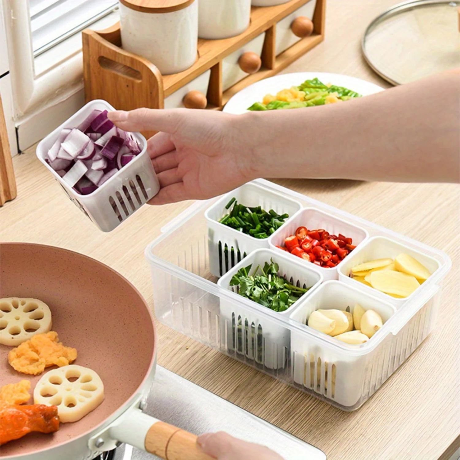 

Garlic Keeper Container with Lid - Freshness Box for Onion, Ginger, Fruits, Vegetables - Refrigerator Organizer Mini bottles Jar