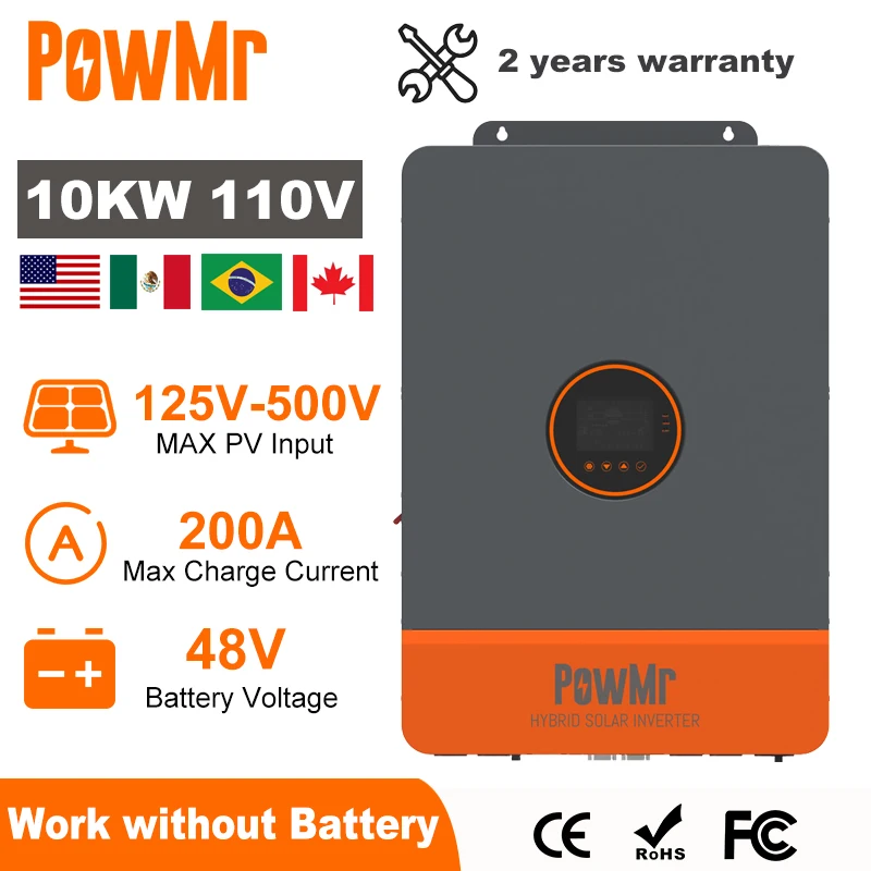 PowMr 110V Hybrid Solar Inverter 48V 10KW 220V Split Phase with MPPT 200A Solar Controller Dual Charger AC Converter for Home RV