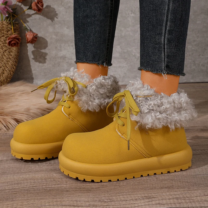 Fashion Lambswool Suede Ankle Boots Women Warm Thicken Plush Platform Short Booties Mujer 2026 Non Slip Thick Sole Lace Up Shoes