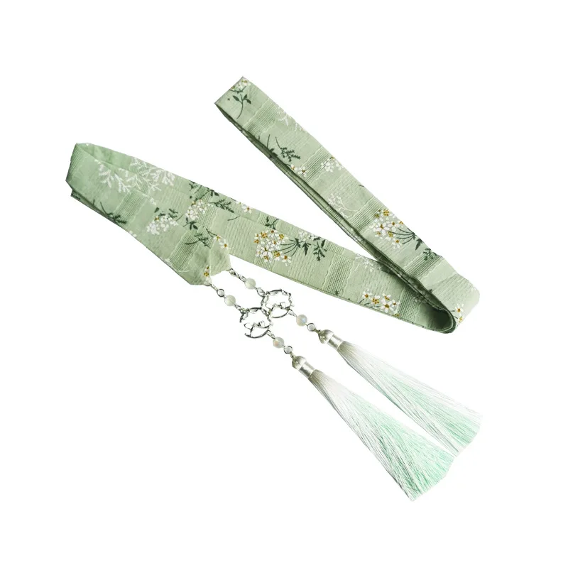 Light Green Vintage Floral Print Chinese Hanfu Hair Ribbon Silver Bird Pendant White Tassel Hair Tie For Women Cosplay Daily Use