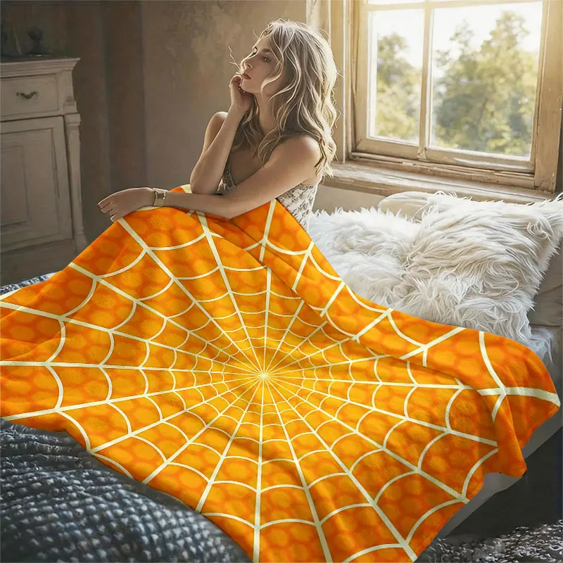 Orange Spider Web Flannel Blanket Warm Soft Halloween Christmas Decorative Couch Warm Cozy All-Season Gift