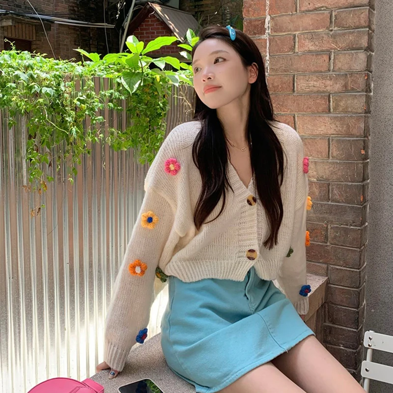 Sweet Applique Floral Women Cardigan Korean Kawaii Knitted Long Sleeve Female Sweat Sweater New V Neck Ladies Casual tops