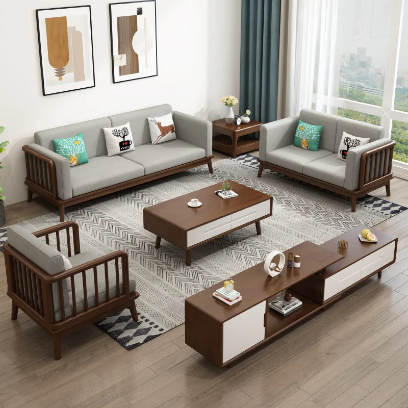 Nordic style solid wood sofa winter and summer dual-purpose household medium and small apartment living room fabric sofa corner