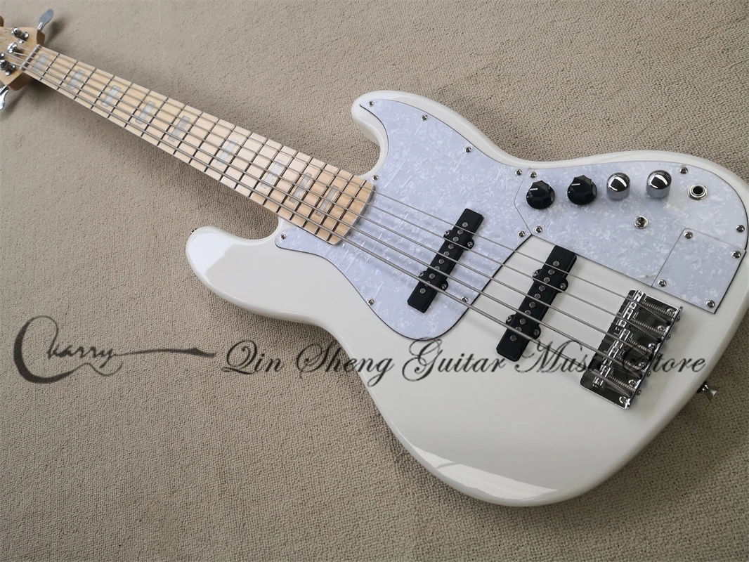 5 Strings Bass Guitar Jaz Body Maple White Pearl Pickguard Active Pickups Strings Though Body